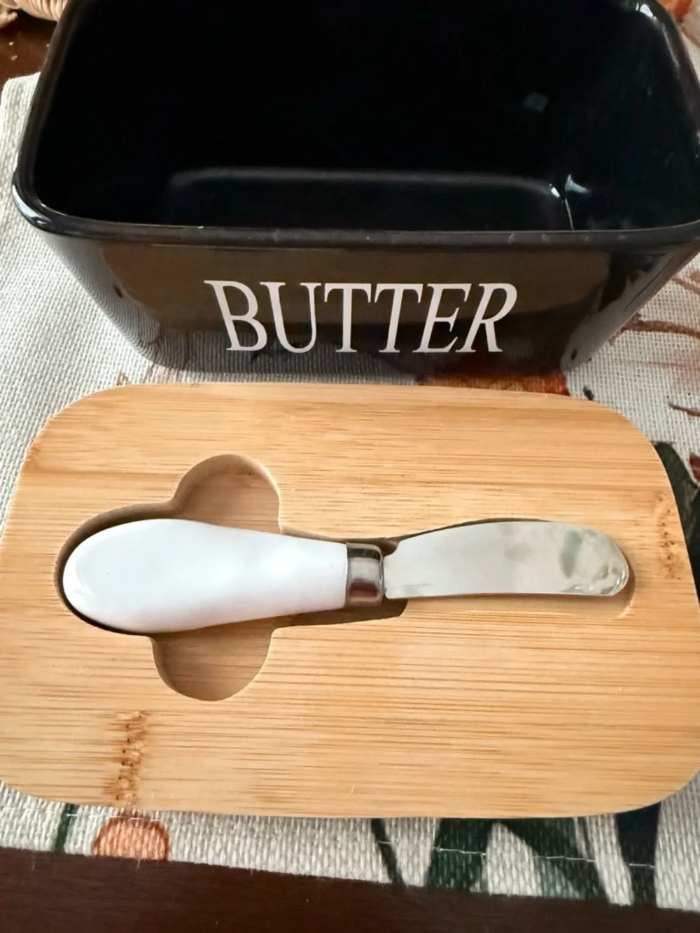 Modern Black Ceramic Butter Dish with Wood Lid & Spreader - farmhouse kitchen